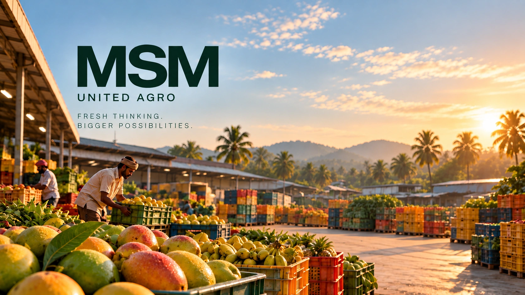 MSM United Agro workers handling crates of fruit beside trucks at a produce market
